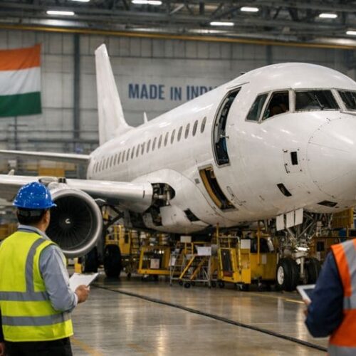 Aircraft under assembly in an Indian manufacturing facility as engineers inspect the aircraft Aircraft manufacturing in India with engineers inspecting a commercial plane under assembly