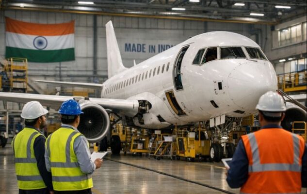 Aircraft under assembly in an Indian manufacturing facility as engineers inspect the aircraft Aircraft manufacturing in India with engineers inspecting a commercial plane under assembly