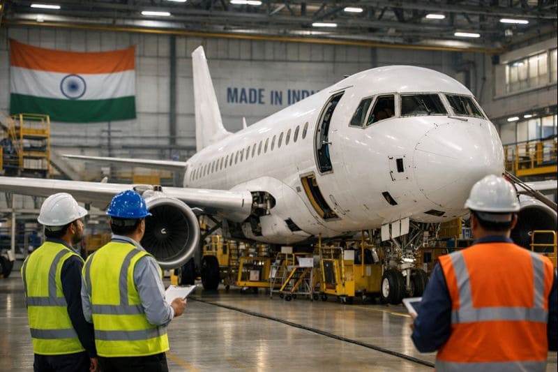 Aircraft under assembly in an Indian manufacturing facility as engineers inspect the aircraft Aircraft manufacturing in India with engineers inspecting a commercial plane under assembly