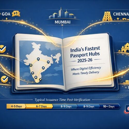 Infographic showing India’s fastest passport hubs for 2025–26, highlighting Goa, Cochin, Kozhikode, Mumbai, Chennai, and Bengaluru with typical passport issuance timelines, presented by Ekayan Consultancy Services.