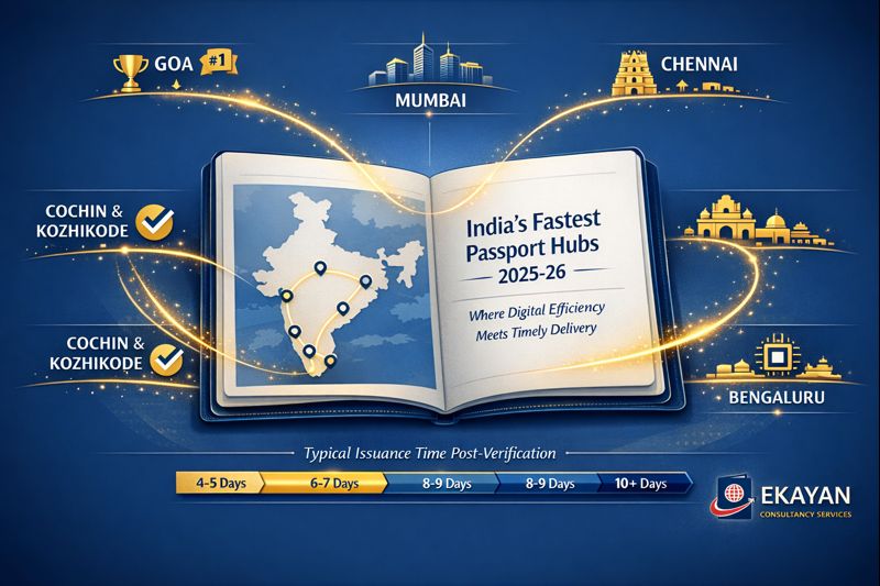 Infographic showing India’s fastest passport hubs for 2025–26, highlighting Goa, Cochin, Kozhikode, Mumbai, Chennai, and Bengaluru with typical passport issuance timelines, presented by Ekayan Consultancy Services.