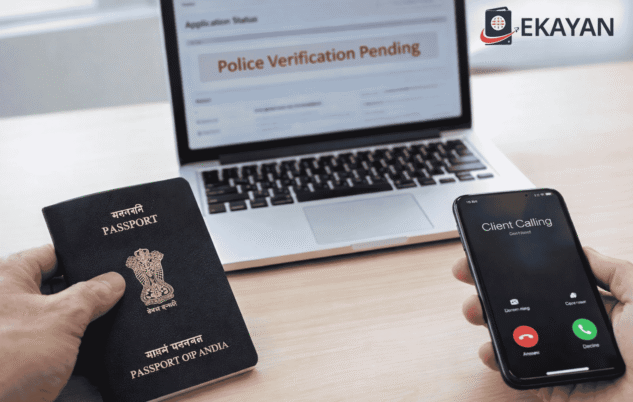 Indian passport placed on office desk next to laptop showing police verification pending passport application status and smartphone in hand, representing passport documents required for passport application and police verification process in India, highlighting importance of correct passport documentation and identity verification for successful passport issuance with Ekayan Consultancy branding visible
