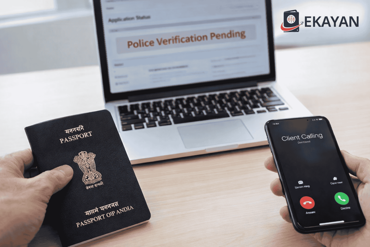 Indian passport placed on office desk next to laptop showing police verification pending passport application status and smartphone in hand, representing passport documents required for passport application and police verification process in India, highlighting importance of correct passport documentation and identity verification for successful passport issuance with Ekayan Consultancy branding visible