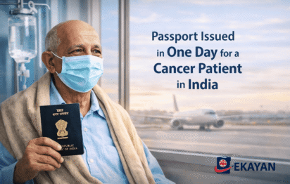 Elderly Indian cancer patient holding newly issued passport for urgent medical travel, supported by Ekayan Consultancy on World Cancer Day.