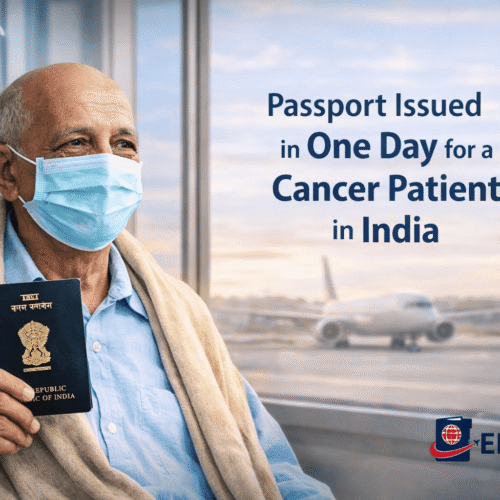 Elderly Indian cancer patient holding newly issued passport for urgent medical travel, supported by Ekayan Consultancy on World Cancer Day.