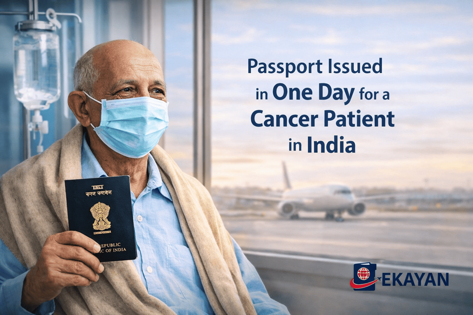 Elderly Indian cancer patient holding newly issued passport for urgent medical travel, supported by Ekayan Consultancy on World Cancer Day.