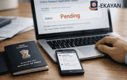 Indian passport placed on a clean office desk next to a laptop displaying passport application status as pending, with a smartphone showing passport office email notification and Ekayan Consultancy logo visible. This image represents passport rejected, passport application pending, passport renewal online issues, and complications caused by multiple passport applications or incorrect passport apply online submissions. It highlights the importance of proper documentation and expert consultancy support when facing passport rejection, delays, or pending status from Regional Passport Office in India.