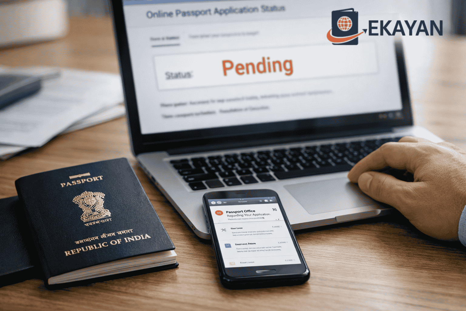 Indian passport placed on a clean office desk next to a laptop displaying passport application status as pending, with a smartphone showing passport office email notification and Ekayan Consultancy logo visible. This image represents passport rejected, passport application pending, passport renewal online issues, and complications caused by multiple passport applications or incorrect passport apply online submissions. It highlights the importance of proper documentation and expert consultancy support when facing passport rejection, delays, or pending status from Regional Passport Office in India.